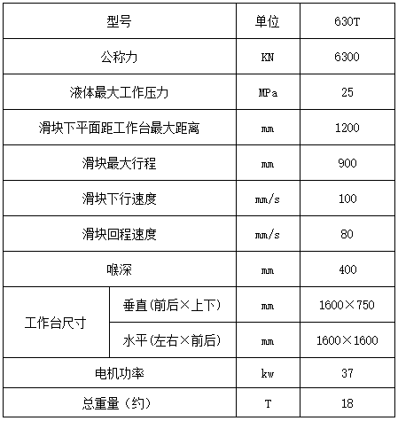 630噸四柱液壓機(jī)參數(shù)