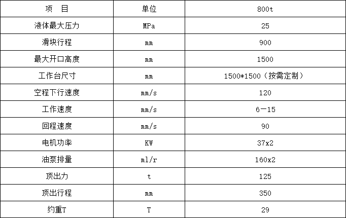 800噸四柱液壓機(jī)參數(shù)